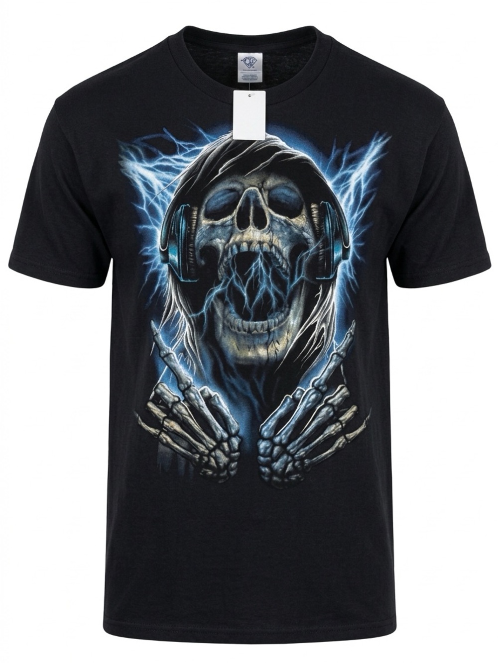 Delta Black Tee with Electric Blue Skull & Headphones Graphic